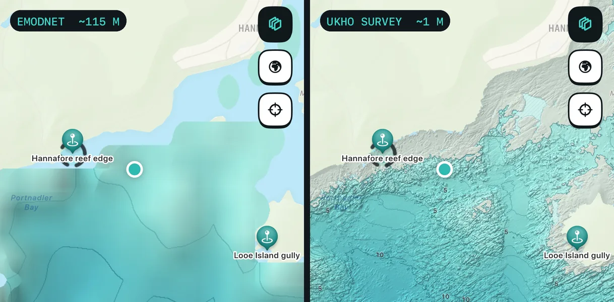 The same stretch of seabed off Hannafore: blurred at 115 m resolution on the left, sharp reef and gullies from the 1 m UKHO survey on the right