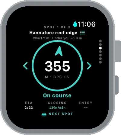 Aspetto on Apple Watch Ultra: an arrow pointing to a saved spot, 355 m away, on course