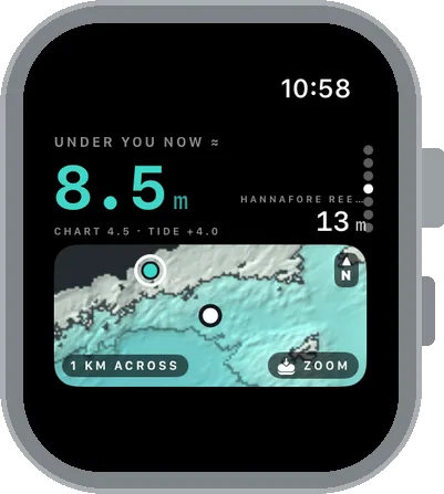 The watch Seabed page: under you now about 8.5 m, chart 4.5 plus tide 4.0, with a small relief map